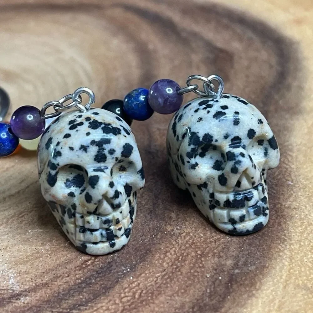 Dalmatian jasper skull carving key chain key ring 7 chakra beads rainbow